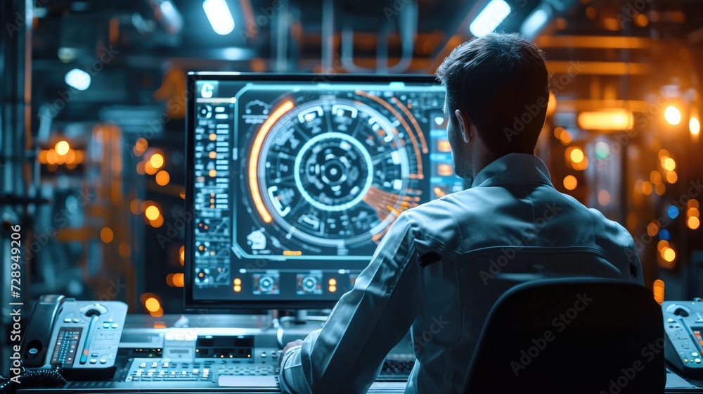 Aufkleber Engineer monitoring a sophisticated AI dashboard showing real-time data and predictive analytics. Generative AI.