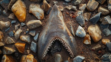 A closeup of a prehistoric shark tooth found amidst a treasure trove of other shark teeth and dinosaur fossils buried in the ocean depths.