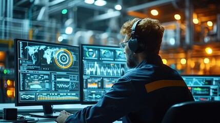 Engineer monitoring a sophisticated AI dashboard showing real-time data and predictive analytics. Generative AI.