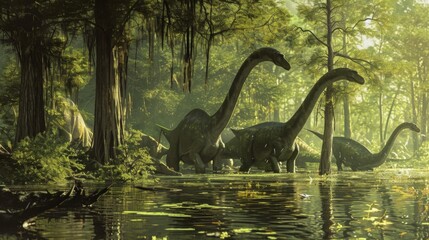 The peaceful scene of a herd of Brachiosaurus grazing on the vegetation along the swamps edge their long necks craning to reach the leaves.
