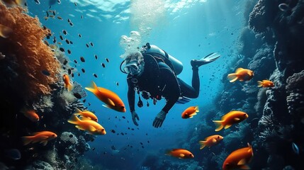 Fototapeta na wymiar A professional diver scuba swimming and observing fishes and corals in a blue ocean with a fascinating reef view. Generative AI.