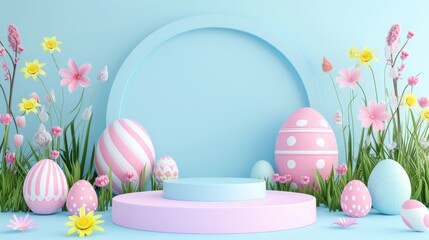 Happy easter banner design 3d eggs on podiums minimal scene