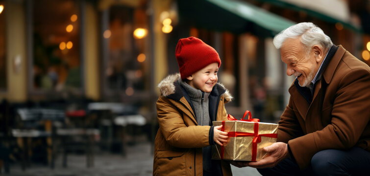 boy in a jacket and a red cap holds a gift box next to an elderly man. Space for copy and text. Seniors' Day, Grandparents' Day, Birthday, World Men's Day, International Men's Day