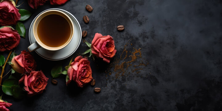 Cup of coffee with red roses on dark background, top view, copy space. Coffee and Flowers