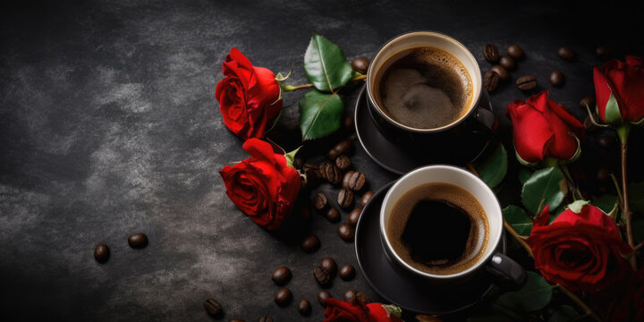 Two Cup of coffee, red roses and roasted coffee beans on dark background. Coffee and Flowers, top view, copy space