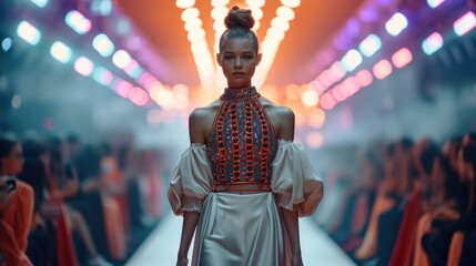 Fototapeta na wymiar A model is walking the runway at a fashion show week evening. Generative AI.