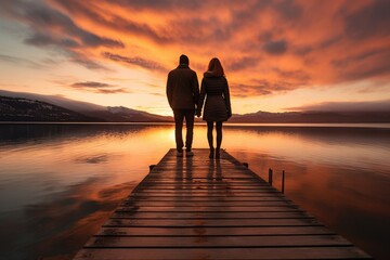 Two individuals standing on a dock during the setting of the sun, enjoying the view and the serene atmosphere.