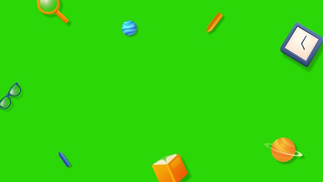 Back to school 3D elements Animation icons popping up to add text in the center - green screen background