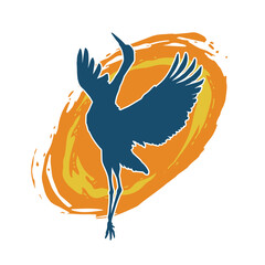 
Silhouette of crane bird in elegant pose isolated on white background.