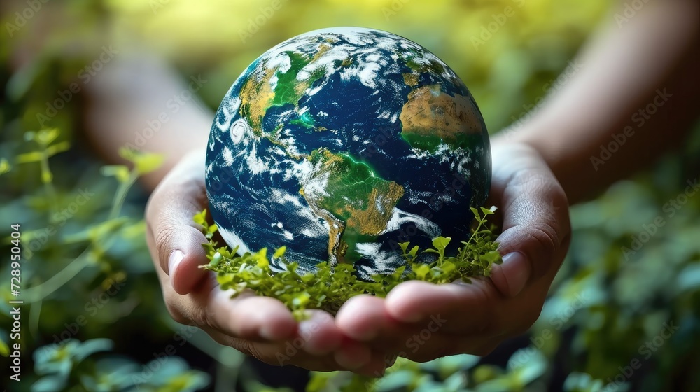 Poster earth is on hand, grass, leaf, the globe has maps on it and environmental map. green grass and plant