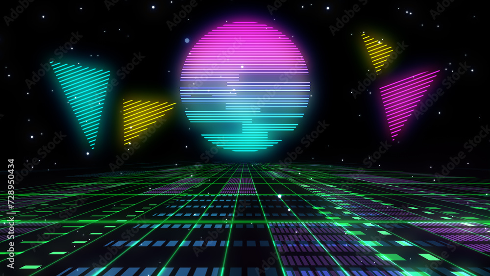 Wall mural retro sci-fi background futuristic grid landscape of the 80`s. digital cyber surface. suitable for d