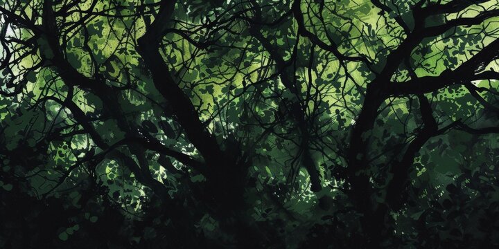 Shadowed forest canopy, with abstract layers of dark greens and blacks, suggesting the depth and mystery of woodland
