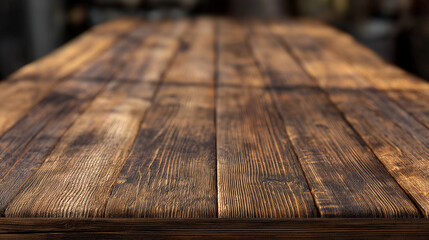 Highlight the authentic wood grain of the rustic wooden plank table top. generative AI