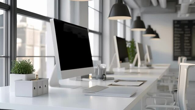 An office space featuring sleek white workstations with slim computer monitors and simple desk organizers.