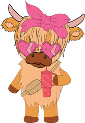 Heifer Highland Cow Wearing Sunglasses Valentine Hand drawn Vector illustration