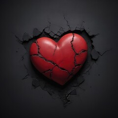Broken red heart 3d design on black background