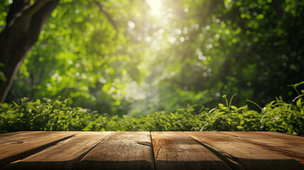 Wooden table with Beautiful lush nature in background. generative AI