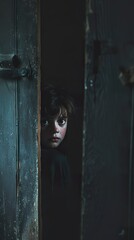 A scared child hides from the intruder silently behind the door. Child fearing being discovered by the intruder in a moment of insecurity and fear.
