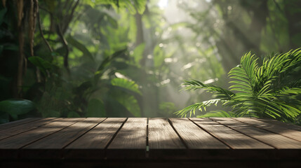 Wooden table with Beautiful lush nature in background. generative AI
