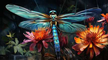 A dragonfly's intricate wings are highlighted against the vibrant hues of a summer garden