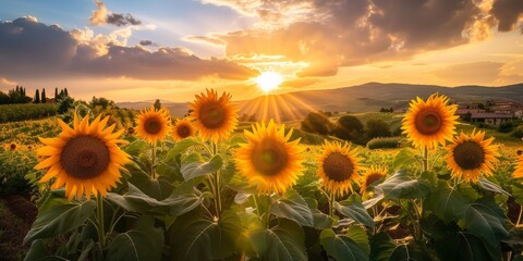 vibrant landscape of towering sunflowerssunflowers, sunset, field, agriculture, landscape, nature, summer, yellow, flora, sun, evening, golden, sky, rural, beauty, scenic, plant, horizon, bloom, green