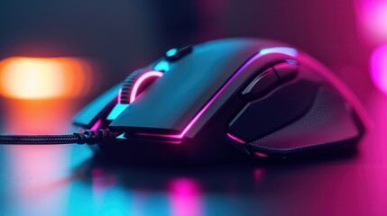 close up black mouse on table desk with pink blue light, idea for gaming gear mouse, Generative Ai