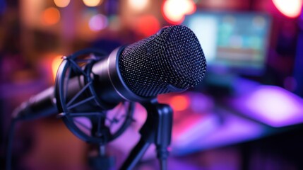 close up of microphone on podcast setup