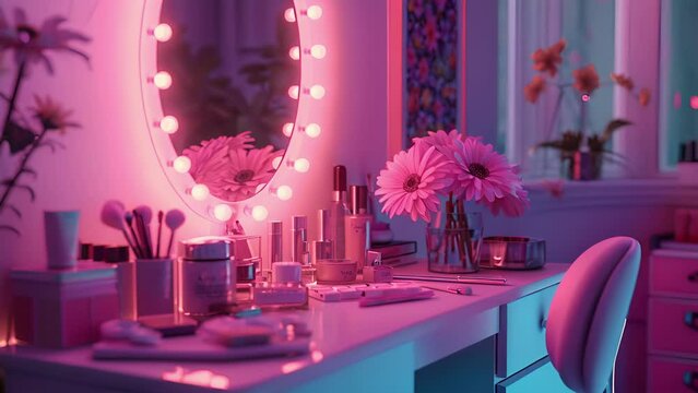 Neon daisy lights illuminating the vanity mirror creating a whimsical makeup corner.
