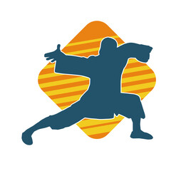 Silhouette of a man in oriental martial art pose. Silhouette of a male in martial art move.