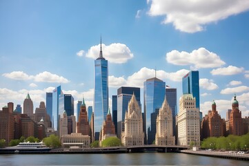 Obraz premium New York City, buildings, city, urban jungle over a river with trees
