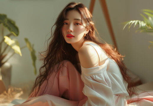 Full bodyshot of beautiful Korean model wearing white sleeveless top and pink hue pants