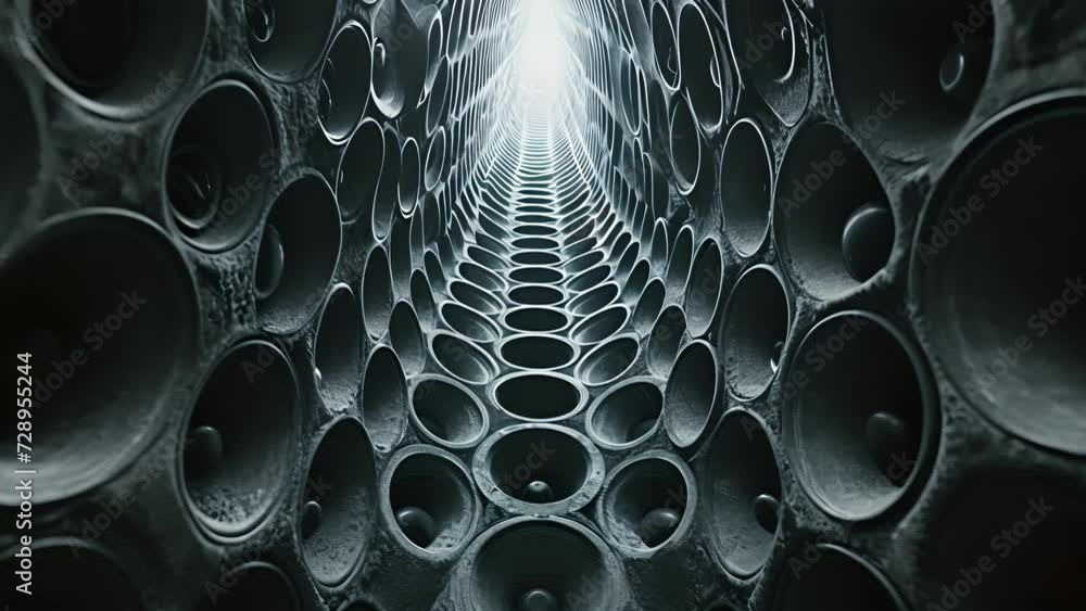 Poster a tunnel of speakers tower above creating a unique visual and aural experience.