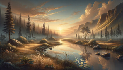 Tranquil natural landscape with mesmerizing ai art reflecting a serene sunset