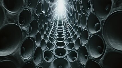 A tunnel of speakers tower above creating a unique visual and aural experience.