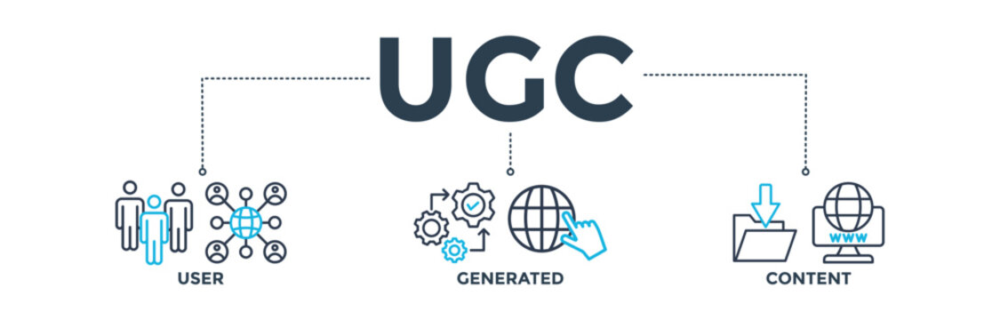 UGC banner concept for user-generated content with icon of people, network, process, engine, click, internet, website, archive and browser. Web icon vector illustration 