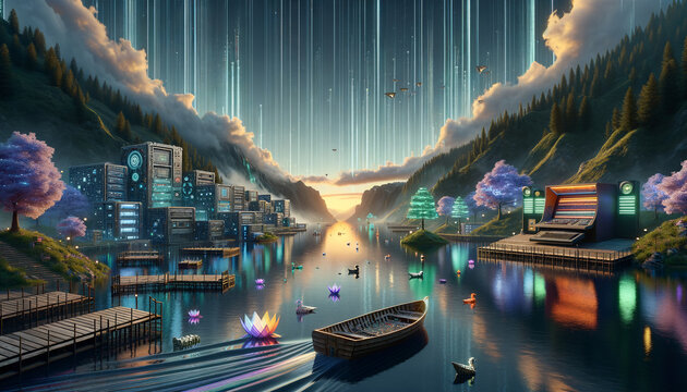 Digital Nostalgia: Serene data lake blending vintage aesthetics with cutting-edge technology