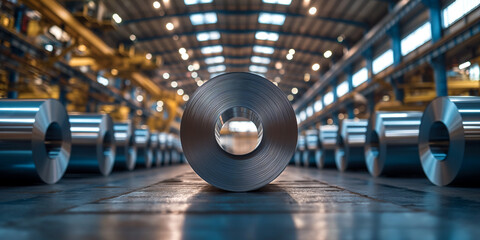 Large aluminum steel rolls in the factory. generative AI - obrazy, fototapety, plakaty