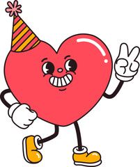 Retro Cartoon Heart Character Wearing Party Hats and Making Peace Sign Gesture