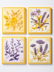 A set of four exquisite tiles in sunny yellow, adorned with delicate lavender floral motifs