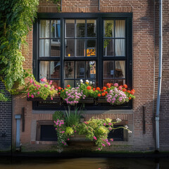 Fototapeta na wymiar Dutch Elegance: Canal House with Blooming Window Box