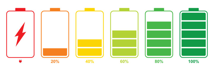 Battery charge many color flat icons. Battery charging, charge indicator. Vector battery power icon powerfully charged. Vector illustration - obrazy, fototapety, plakaty