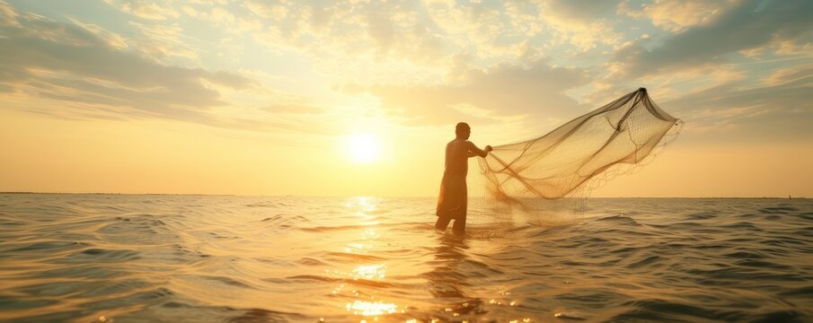 Spreading fishing net silhouette with gold twilight sea sky in background