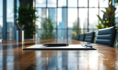 Conference table closeup with panoramic background, notebook and pen on the table. Generative AI