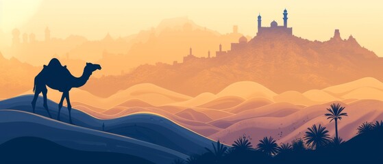 silhouette-style illustration set against camel is prominently featured in the foreground