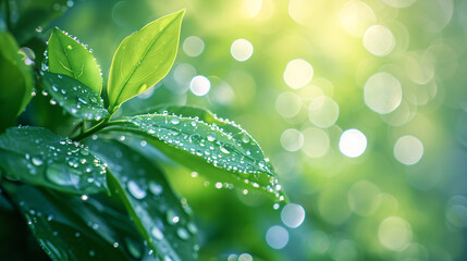 Vivid green leaves adorned with crystal-clear dew drops, highlighted by a soft, bokeh light background.