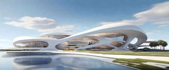 Futuristic responsive architecture rendered in clean line art style 