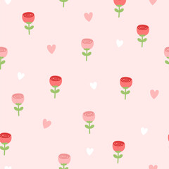 Cute sweet red and pink rose and white and pink hearts in pink background seamless pattern. Valentine's day. Illustration vector 10 eps.