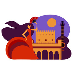 woman in red dress dancing flamenco with alhambra