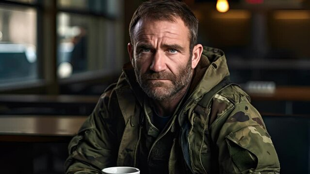 middleaged Caucasian male sits in quiet coffee shop, situated in business district of bustling city. He army veteran who has been diagnosed with Post Traumatic Stress Disorder (PTSD). He experiences