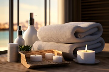 Fototapeta na wymiar Massage and spa essentials such as towels, oils, scents for rejuvenation and relaxation